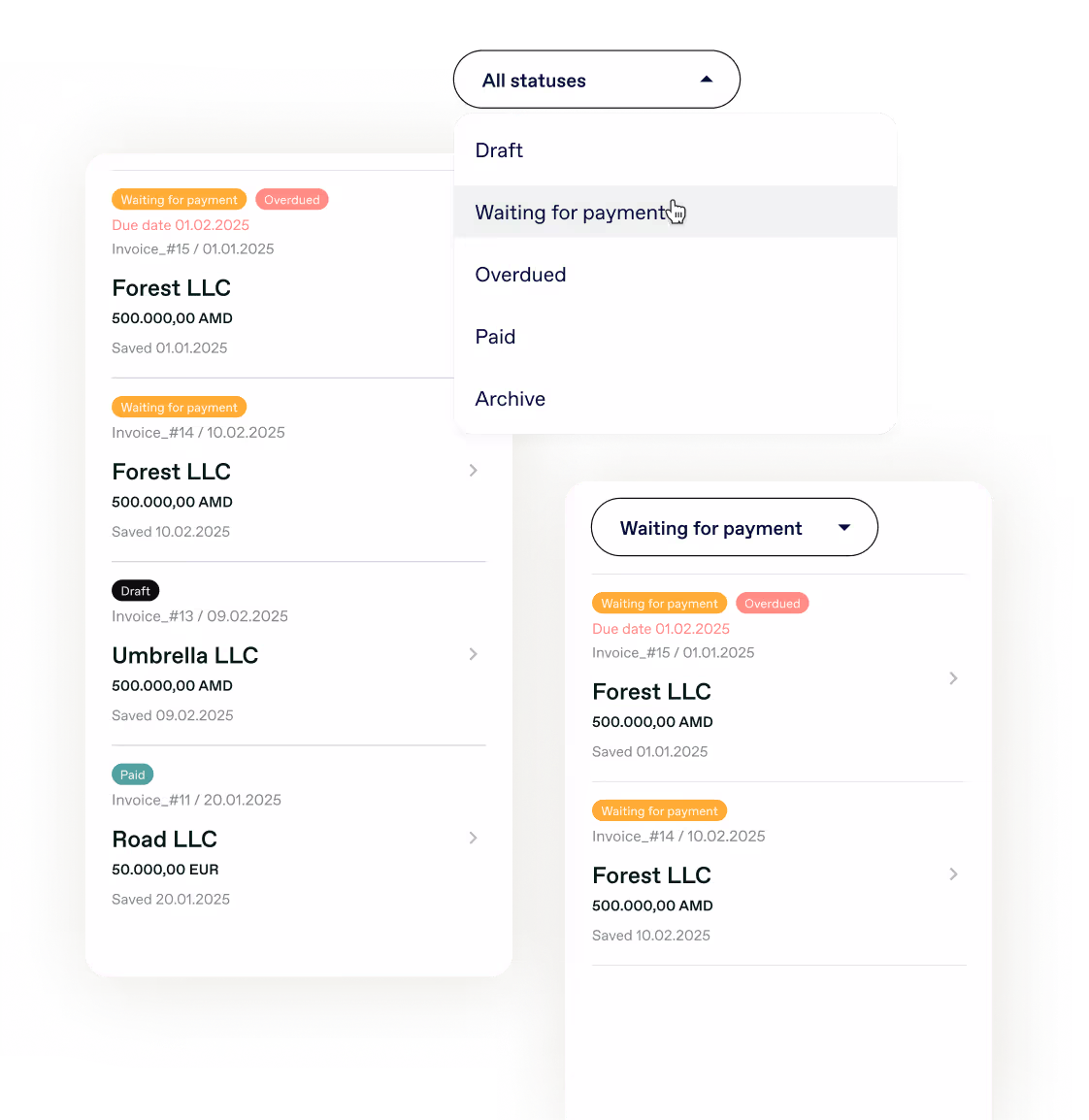 The image shows an invoice management interface with a status filter dropdown menu open at the top showing options: Draft, Waiting for payment, Overdue, Paid, and Archive. The left panel displays a list of invoices for different companies (Forest LLC, Umbrella LLC, Road LLC) with various statuses. Each invoice shows details including invoice numbers, dates, amounts (mostly 500,000.00 AMD, with one for 50,000.00 EUR), and status indicators (colored tags for "Waiting for payment," "Overdue," "Draft," and "Paid"). The right panel shows a filtered view of invoices with "Waiting for payment" status, displaying two Forest LLC invoices. The interface appears to be from a financial or accounting application.