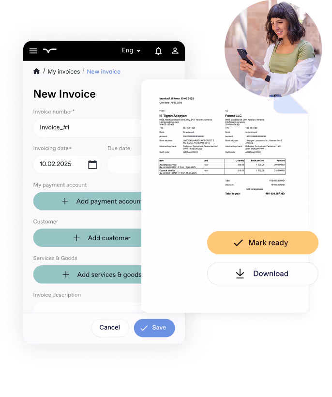 Screenshot of an invoice creation interface on a mobile app, displaying fields for invoice details like number, date, payment account, customer, and services. A preview of a completed invoice is shown alongside a 'Mark ready' button and a 'Download' option. A circular inset features a smiling woman using a smartphone.