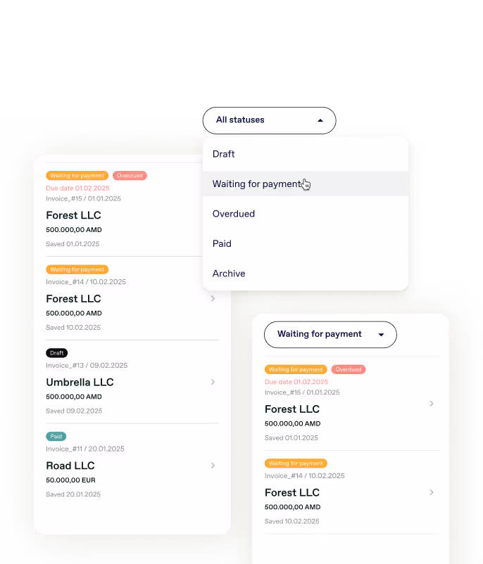 The image shows an invoice management interface with a status filter dropdown menu open at the top showing options: Draft, Waiting for payment, Overdue, Paid, and Archive. The left panel displays a list of invoices for different companies (Forest LLC, Umbrella LLC, Road LLC) with various statuses. Each invoice shows details including invoice numbers, dates, amounts (mostly 500,000.00 AMD, with one for 50,000.00 EUR), and status indicators (colored tags for "Waiting for payment," "Overdue," "Draft," and "Paid"). The right panel shows a filtered view of invoices with "Waiting for payment" status, displaying two Forest LLC invoices. The interface appears to be from a financial or accounting application.