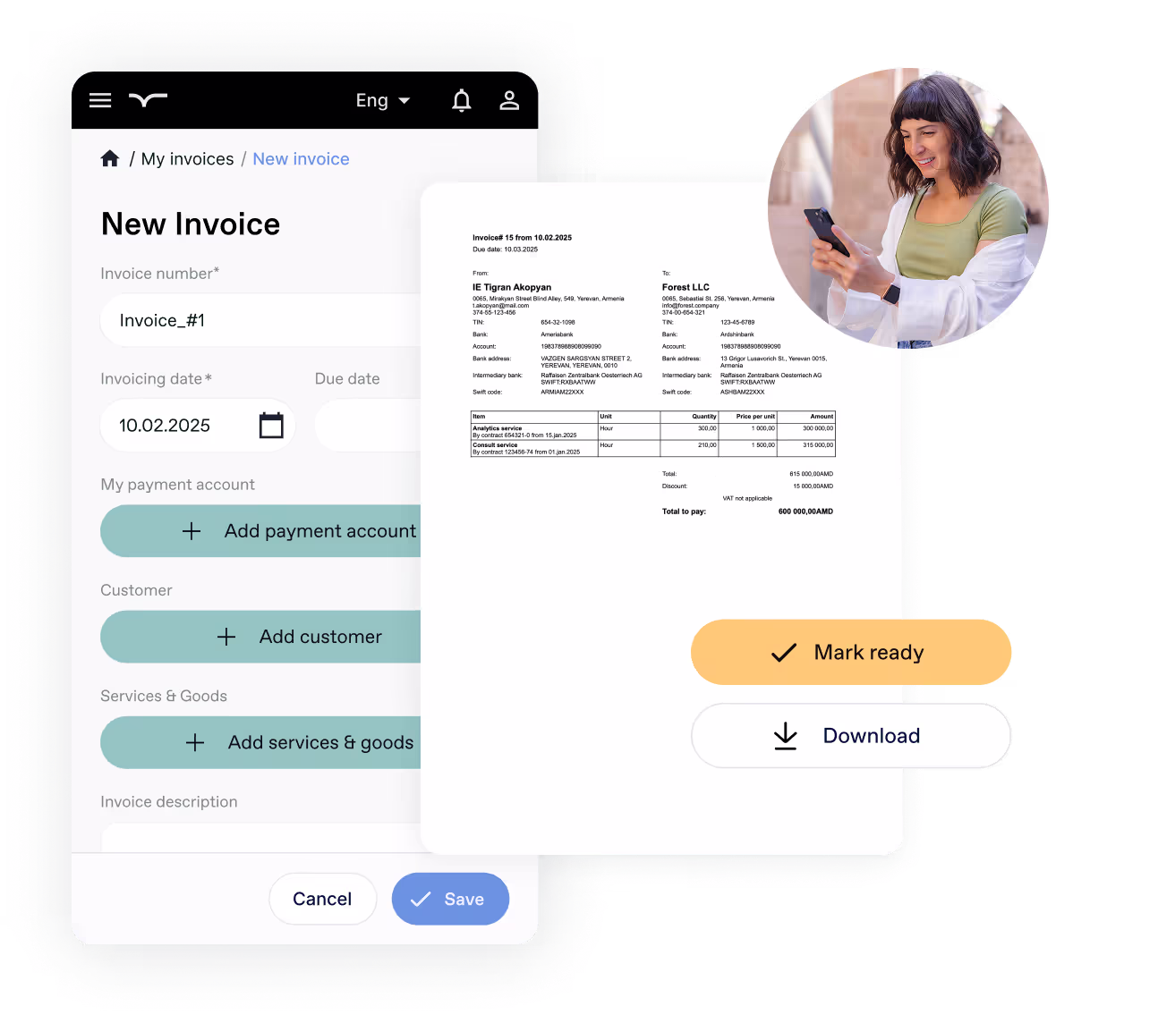 Screenshot of an invoice creation interface on a mobile app, displaying fields for invoice details like number, date, payment account, customer, and services. A preview of a completed invoice is shown alongside a 'Mark ready' button and a 'Download' option. A circular inset features a smiling woman using a smartphone.